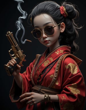 A hardboiled Ichimatsu doll in film noir style. The doll wears black aviator sunglasses, traditional red kimono hangs loosely revealing white porcelain shoulders. In right hand, holds a lit cigarette with trailing smoke, left hand grips a chrome gold Desert Eagle handgun. Long black hair styled messy and dramatic. Doll strikes a cool yakuza boss pose against dark urban background. High contrast studio lighting creates film noir shadows. Cigarette smoke curls around face while gun's gold finish catches harsh light. Traditional kimono with gold patterns contrasts with modern gangster accessories. Doll's blank expression made more menacing by reflective sunglasses. High detail on both traditional elements (kimono embroidery, porcelain skin) and modern items (realistic gun details, cigarette ember glow). Professional noir photography style with dramatic side lighting. Cold color grading except for red kimono and gold gun highlights. Urban nighttime setting with neon reflections on sunglasses.