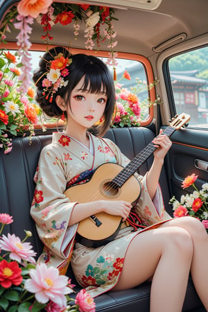 1girl, a beautiful geisha playing the shamisen inside a car adorned with an abundance of flowers.She is dressed in a vibrant kimono, with flowers adorning her hair. The interior of the car is filled with colorful blooms, creating a fragrant atmosphere as the geisha's music fills the space.,Geisha