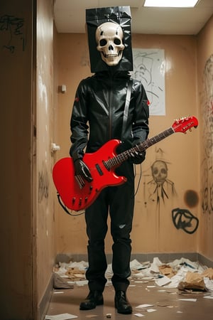 A man with a (paper bag on his head:1.2), an eerie atmosphere, an all-black bodysuit, a bodysuit with human bones drawn on it, a skeletal specimen suit,( red electric guitar in his hand:1.2), black military boots,bag_over_head,
Dirty dressing room background, room covered in kitschy, grotesque posters and graffiti,mystical future,aesthetic