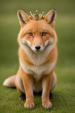 ultra Realistic,fox,On a grassy plain, a majestic fox sits atop a rocky outcrop, exuding regal grace, The fox king of the prairie, ((small crown:1.5)),(wears a small crown upon its head:1.5), symbolizing its royal status. Its fur is a blend of earthy tones, blending seamlessly with the natural landscape. With piercing eyes that seem to hold ancient wisdom,Animal Verse Ultrarealistic 