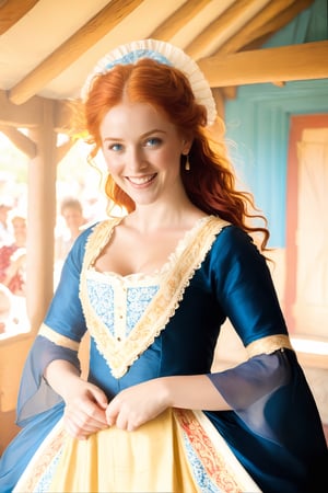 Pictures of a 25-year-old red-haired angel, with a warm, happy expression and big blue eyes gazing straight at the viewer. She has a warm, happy expression on her face and large blue eyes that look straight at the viewer. She is dancing in a traditional folkloric dress at a village festival on a sunny day. The viewer has the impression of being her dancing partner. Sunlight rays penetrate the scene created by ray-tracing, giving the sunlight a realistic effect. The background is slightly blurred to focus on her facial expressions and the details of her dress. The lighting is natural and bright, enhancing the cheerful atmosphere,18thcentury,photo_b00ster