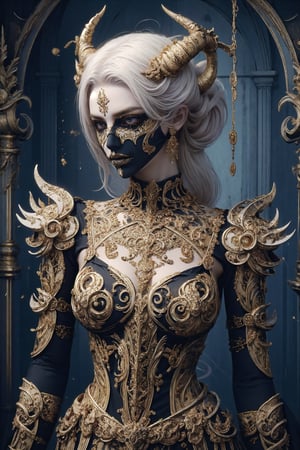 1girl,.albino demon little queen, (long intricate horns), a sister clad in gothic punk attire, face concealed behind a striking masquerade,Gold Embroidery,mask,themed,white_aesthetics,photorealistic,Masterpiece,Realistic,dark fantasy,z1l4,3va,Chromaspots,glowing gold