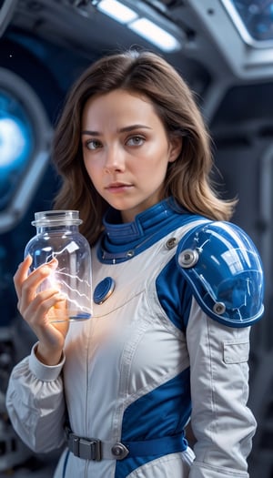 1girl, woman in high-tech space suit, through transparent visor,
beautiful face visible through transparent visor, white gloves, intricate blue mechanical vial,((holding jar containing lightning:1.2)), elaborate spaceship background,photo_b00ster,sad