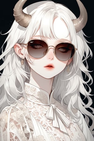 Shoujo manga style,1 girl, albino demon girl, (long intricate horns:1.2),with lethargic sleepy smokey eyes,(pure white 
long hair),(sunglasses.),luxury mesh fishnet blouse,