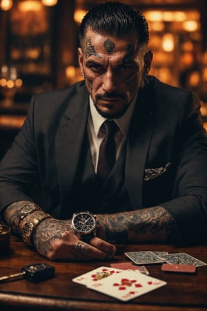  A man with a dangerous atmosphere, an Italian mafia member, tattoos on his face, an intimidating and strong look, a business suit, an expensive watch, a bar background, a table with cards and car keys, an ashtray and a cigar,Perfect Hands