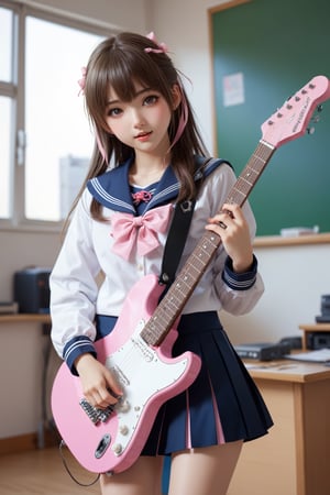 ultra realistic,
Kawaii high school girl, half-Ukrainian and half-Japanese, wearing a sailor suit, pink loose socks, leather shoes, ((girl happily playing the electric guitar)), Japanese school classroom,JK Uniform,