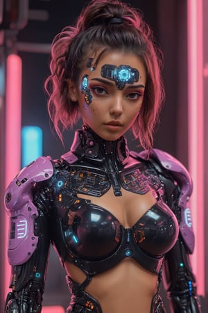 1 girl, Detailed body painting beautiful neon operator tanned woman, cyberpunk futuristic Body, reflective puffy coat, decorated with traditional japanese ornaments, perfect face, fine details,neon,circuitboard,zavy-cbrpnk,faceplate