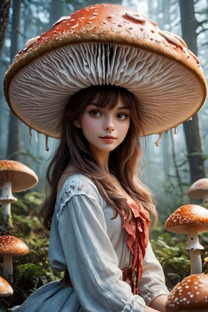 In a whimsical fantasy world, a young girl with a mushroom hat captures the essence of wonder and adventure. With each step, her hat adorned in vibrant colors and playful patterns, she embodies the magic that surrounds her. With curious eyes and boundless imagination, she invites all to join her on a journey through enchanting realms where dreams come to life.,a1sw-InkyCapWitch