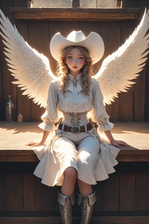  Western saloon,1 Girl,where a little girl dressed in a pure white cowboy costume sits on the counter. Her outfit includes a white cowboy hat, a tailored shirt, fringed jacket, and well-fitted trousers, all in pristine white. Polished boots and a classic belt with a silver buckle complete her look. Adding a touch of ethereal charm, she has pure white wings gracefully extending from her back,AngelStyle,wings,better photography,aesthetic portrait,dal-1