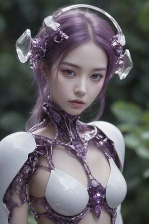 A cyborg girl, with amethyst eyes, a fusion of technology and nature, sleek metallic frame and organic components, enchanting and mysterious at the same time. Reminiscent of a precious gemstone, its eyes radiated an otherworldly radiance that hinted at the complexity of its inner workings..,Amethyst ,Crystal game props