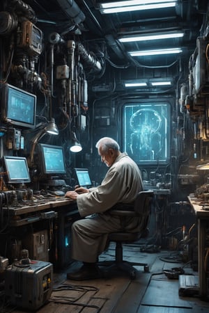 In a bustling cyberpunk world repair shop, an elderly gentleman in a slightly dirty kimono works diligently amidst the hum of machinery and the smell of oil and metal. Wires hang from the ceiling, connecting to various gadgets awaiting repair, while shelves are lined with futuristic gadgets and mechanical parts. The elderly man's faded kimono bears stains of grease from years of hard work as he tinkers with a damaged cybernetic arm at a cluttered workbench. Holographic blueprints and schematics float around him, guiding his repairs as he breathes new life into broken devices,Cyberpunk Doctor