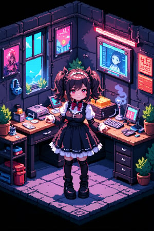 3D pixel art scene, isometric view. Anime-style characters and objects composed of colorful voxels. High contrast lighting with neon accents.

Focal point: Gothic Lolita girl working in a cyberpunk workshop.
- Girl: Black and white frilly dress, platform boots, twin-tails hairstyle
- Face: Large pixel eyes, rosy cheeks, small mouth
- Accessories: Pixel bow, chunky jewelry

Cyberpunk workshop details:
- Cluttered workbench with pixelated tools and gadgets
- Holographic screens displaying scrolling code
- 3D printer creating a glowing object
- Exposed neon tubes and cables on walls
- Floating robot assistant with pixelated emotes

Environmental elements:
- Steampunk-inspired gears and pipes in background
- Retro-futuristic computer terminals
- Voxel smoke or steam rising from machinery

Color palette: Deep purples, electric blues, neon pinks, and cyber greens against darker background

Lighting: Dramatic shadows and highlights emphasizing 3D nature of pixels
- Glow effects from screens and neon signs
- Reflection on metallic surfaces

Additional details:
- Pixelated posters of anime characters on walls
- Voxel cat familiar perched on a shelf
- Cubic plants in geometric planters

Animation suggestion (if applicable): Subtle pixel movements like blinking lights, rotating gears, or floating particles,Pixel Art