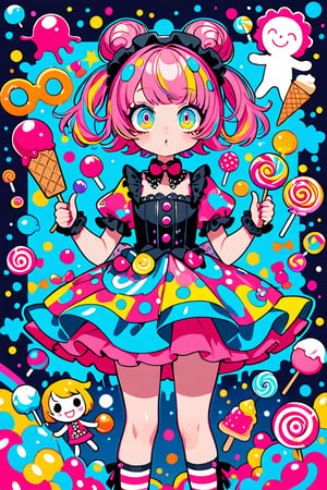 children's doodle style,
Colorful pop art, candy pop, lollipop punk, brightly colored berry beans, emo pink lolita girl,big Eyes,A dress made of jelly and ice cream,
 maximalism designemo,dal-6 style,Color Splash