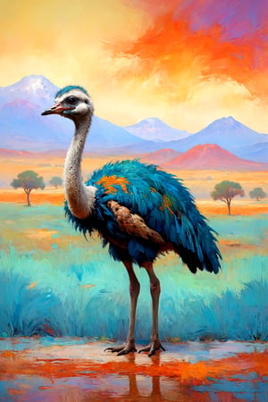 Visualize a vibrant ostrich depicted using the flotage art technique, a method that creates rich, swirling patterns of color. The ostrich's form emerges from a canvas alive with dynamic hues and textures, as if captured in a moment of vivid movement. Brilliant shades of gold, orange, and ochre blend seamlessly to evoke the ostrich's distinctive plumage, while streaks of blue and green suggest the surrounding landscape. The feathers appear to ripple and flow, lending the artwork a sense of fluidity and energy. Against a backdrop of swirling colors, the ostrich stands tall and proud, its presence commanding attention and admiration.,Dopamine Color