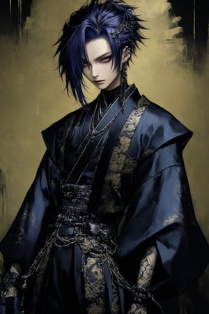 a visual-Kei male model donned in a striking blend of traditional Japanese and Gothic fashion. He wears a tailored black kimono with intricate patterns, paired with wide hakama pants that cascade gracefully. A black, corset-style obi cinches the ensemble, emphasizing a silhouette that seamlessly merges traditional and modern elements.

The hairdo mixes silver chains, ornate buckles, gothic details, traditional hairpins, dark and elaborate accessories and the colour palette is a harmonious fusion of elegance and dark sophistication in deep shades like indigo, black and crimson. The male model embodies a fascinating fusion of the richness of Japanese culture and Gothic aesthetics.