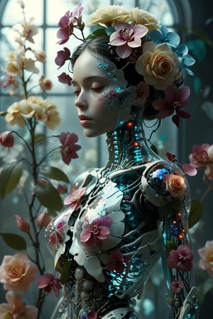 1girl,solo,"Transparent glass female cyborg. Skeleton and organs made of vibrant flowers. Mechanical joints visible. Heart of roses, lungs of hydrangeas, brain of orchids. Flowers spilling from slight cracks. Soft backlighting emphasizing transparency. Elegant pose. Simple futuristic background. Photorealistic style with high detail on glass and floral elements.",Clear Glass Skin,tranzp,Flower queen