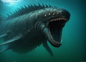 Mechanical Leviathan, giant steel jaws, giant underwater monster, deep ocean floor, soft lighting, dark colors, dark aura, horror, Leviathan sea monster,zavy-cbrpnk