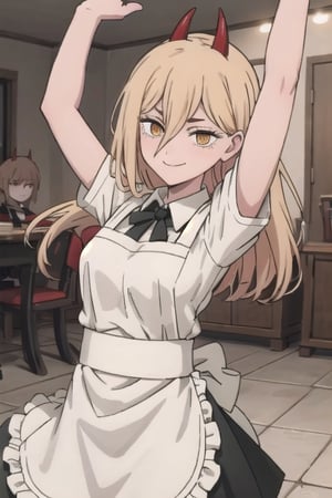 character,1girl, Power,chainsaw man,smile,dance,
blonde hair and yellosw eyes,red horns,maid uniform,Clothing that has deteriorated over timy,power \(csm\)