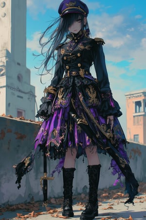 Elegant gothic lolita woman, full body portrait, 8k resolution, photorealistic. Black military style cap with gold trim. Long straight black hair blowing in the wind. Pale skin, heavy eye make-up and serious expression. Wearing a black high collar military jacket with gold embroidery and epaulettes, an elaborate purple and black skirt with an intricate gold chandelier print, a katana sword on her waist, and black lace-up boots. Standing on an abandoned concrete rooftop,blue sky in the background. Cinematic lighting shallow depth of field with focus on subject. Fantasy,dal,ct-animepopstyle