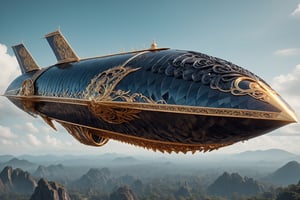 armored airship, soars through the skies, its metallic hull adorned with intricate scales resembling those of a mythical drago,,mimicking the fearsome appendages of the legendary creature. Dragon-inspired motifs are intricately woven into the airship's design, with fiery breath patterns etched onto the hull,creating a harmonious fusion of fantasy and steampunk aesthetics.,Obsidian_Gold,H effect