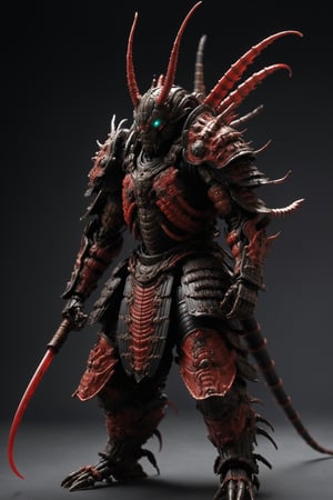 Samurai in armor based on a giant centipede, red in color and armed with smooth, angular plates made to resemble an insect's exoskeleton, with centipede antennae on their helmets and intricate designs on their masks that resemble insect eyes,warrior,ROBOT,action figure