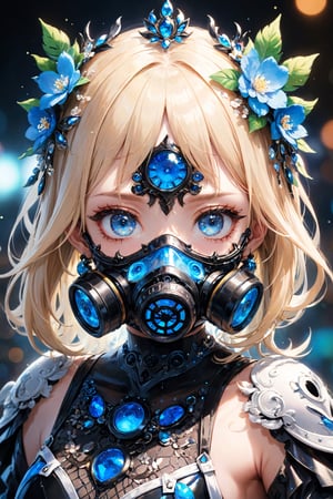ultra Realistic, Extreme detailed,((Bokeh:1.5)),
 1 girl 12years old, transparent respirator on facethe crown, 
can't believe it's out of this world Beautiful blue eyes,soft expression,Depth and Dimension in the Pupils,
wearing a transparent bodysuit,made entirely of beaded floral embellishments,
the skin color is closer to white,gas mask,
Christmas Fantasy World