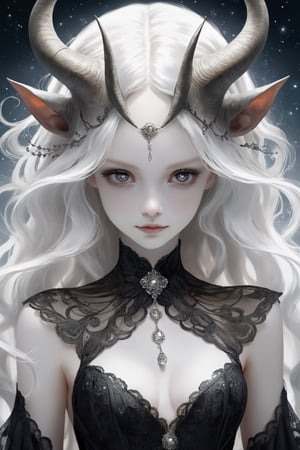 ,(long intricate horns:1.2) ,albino demon girl with enchantingly beautiful, alabaster skin,
A benevolent smile,girl has Beautiful deep black eyes,soft expression,Depth and Dimension in the Pupils,
Her porcelain-like white skin reflects an almost celestial glow, highlighting her ethereal nature,Every detail of her divine lace costume is meticulously crafted, 
Capture the subtle intricacies of the lacework, emphasizing the delicate patterns that complement her unearthly features. From the curve of her horns to the flowing elegance of her dress, 
,goth person,epicDiP,DonMM1y4XL