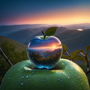 ((a delicate big apple) ), made of diamond hung on branch in a beautiful dawn, in the background beautiful valleys, (Dew drops) , divine iridescent glowing, opalescent textures, volumetric light, ethereal, sparkling, light inside body, bioluminescence, studio photo, highly detailed, sharp focus, photorealism, 8k, best quality, ultra detail:1. 5, hyper detail, hdr, hyper detail, ((universe of stars inside the apple) )