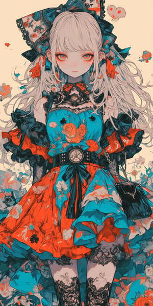 Maximalist fashion anime girl, ornate gothic punk design, dissatisfied expression, long wavy platinum blonde hair, intricate hair bow with playing card motif, blue ruffled dress with multiple layers, orange underskirt, detailed floral pattern, red and pink roses, playing card symbols scattered on dress, pocket watch accessory, lace trim, platform boots, pale skin, large expressive eyes, Alice in Wonderland inspired, highly detailed digital painting, studio ghibli style, artstation trending,FantaVin Anime Art,Color,FantaVin Anime Art,PorcelainDollPrincess,ct-abu