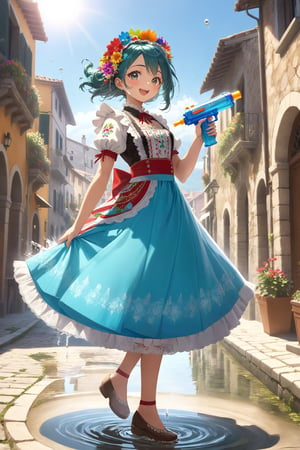 1Girl,Playful Italian girl, in traditional folk costume ,wielding colorful water gun,Ornate embroidered bodice, flowing skirt with regional patterns, lace-trimmed apron. Hair adorned with floral wreath. Joyful expression as she sprays water. Sunlit Italian village square background, ancient stone buildings. Puddles reflecting sky. Dynamic pose, water droplets sparkling mid-air. Blend of tradition and modern fun. Vibrant colors, hyper-realistic details in costume and water effects