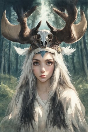 fairy tale illustrations, myths of another world, general, forest ruin background, 1girl, shaman, wearing moose skull, headdress, detailed facial features, black feathers on her head, facial tribal markings,  cinematic photography, masterpiece, best quality, very aesthetic, absurdres, ultra-detailed,Watercolor,flat