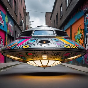 The disc-shaped UFO is adorned with vibrant graffiti,  
(flying in the air),
reminiscent of the rebellious spirit of punk rock culture. Bold and chaotic patterns cover its surface, with splashes of neon colors and jagged lines creating an electrifying visual display. Symbols of anarchy and freedom are scattered across the craft, expressing defiance and nonconformity. Amidst the graffiti, flashes of metallic silver peek through, hinting at the UFO's advanced technology. The overall effect is a fusion of punk rock attitude and futuristic design, giving the UFO an edgy and unconventional appearance.