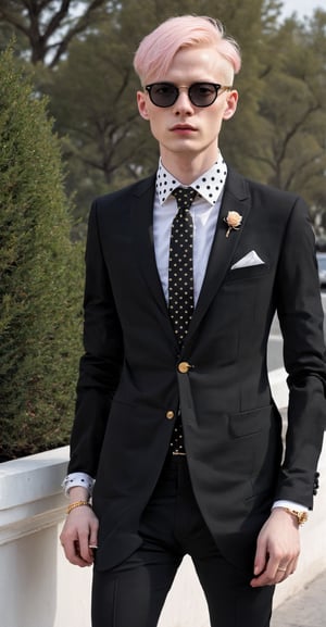 Solo,Realistic photo,albino nasty man, aesthetic French gentleman, emo aristocratic style, short hair, black round glasses,eye shadow,makeup, chic black business suit with polka dot tie,(luxury golden lapel pin chain),
 rose in chest pocket, Slender man with long legs and tall stature,abmhandsomeguy