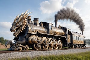 Dragon inspired, dragon themed, 
The steam locomotive, themed after a majestic dragon, boasts a formidable and intricate design. Its imposing exterior is adorned with dragon-inspired motifs, intricately carved into the sturdy metal framework,locomotive's massive wheels are adorned with scale-like patterns, giving a nod to the mythical creature's formidable armor