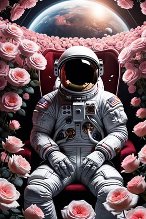 Visualize an astronaut peacefully resting inside a coffin, which is entirely enveloped in a bed of lush, blooming roses. The vibrant hues of the roses contrast starkly with the sterile, metallic interior of the spacecraft. Despite the solemnity of the scene, there is an undeniable beauty in the juxtaposition of life and death, as the delicate petals gently cradle the astronaut in their embrace. The astronaut's visor reflects the surrounding roses, creating an otherworldly glow that illuminates the otherwise dimly lit interior of the spacecraft. As the astronaut sleeps, surrounded by the fragrant embrace of the roses, there is a sense of tranquility and serenity, as if they have found peace amidst the vast expanse of space.,DonMS4kur4XL,ani_booster