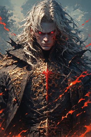 score_9. score_8_up, score_7_up, score_6_up, score_5_up,good‐looking boy,Siegfried,terrifying enemy aura
, the dark hero of Germanic mythology, is portrayed as a captivatingly beautiful young man with flowing golden hair and 
red eyes burning with anger, He exudes an aura of strength and nobility, clad in shining armor adorned with intricate patterns and symbols. His noble bearing and confident demeanor reflect his legendary status as a fearless warrior and valiant champion.,LegendDarkFantasy,sinozick style