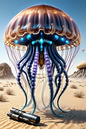 Extreme detailed, ultra Realistic, futuristic,gigantic jellyfish with a high-tech Gatling gun on its back,large MISSILE pod, large Gatling gun, fire, high-tech cybernetics jellyfish,(NO leg:1.5),ULTRA Real, Realistic, military,Wepon,
((In dessert)),c1bo