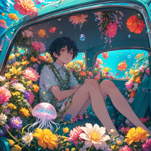 1boy, interior of an old car, many beautiful blooming flowers, the car covered with plant vines, the interior of the car, a boy sitting in the car, the car is sunk at the bottom of the sea, beautiful flowers and coral reefs, many jellyfish surround the boy, flower car, in car,anime,underwater,emo