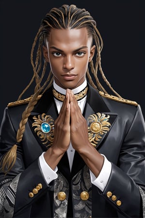 Extreme detailed,Realistic,solo,aesthetic art,
official art, extremely detailed, Extreme Realistic, african beautiful teen boy,beautifully detailed eyes, detailed fine nose,((long hair)),
long braid hair, detailed fingers,muscle body, wearing extremely detailed luxury male Prince Albert coat, high quality, beautiful high Detailed white short hair,boy,emo,Perfect Hands