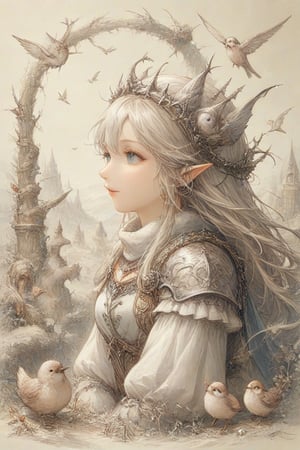 Medieval Precise line art, realistic and elaborate pencil drawings, many small birds, a girl's profile, entangled eyes.,dal-1,lineart,Gwyndolin,Christmas Fantasy World