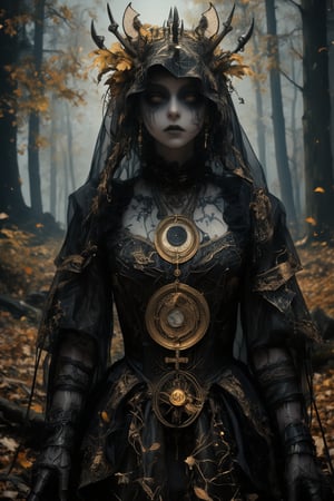 mystical portrait of a dark oracle priestess in an autumnal forest setting. She wears an elaborate black sheer veil and dress decorated with intricate gold embroidery patterns and celestial motifs. The fabric features delicate metallic thread work creating mysterious symbols and constellations. Her face shows dramatic gothic makeup with dark eyes and occult symbols painted around them. A large antique brass medallion pendant with mystical engravings hangs from her neck. The black gossamer fabric of her dress and veil flows ethereally, adorned with tiny crystals that catch the dim forest light. The background shows a misty autumn forest with golden leaves and dark tree trunks. She wears multiple layers of ornate jewelry with mystical symbolism, including moon phases and archaic runes. Face paint and temporary tattoos suggest ritual markings. The lighting is moody and atmospheric, with occasional gleams highlighting the golden embroidery against the black fabric. Fantasy photography style, perfect focus on intricate costume details, dark romantic atmosphere, mystical elements, professional lighting emphasizing the mysterious mood,Hyperrealism &Surrealism,Gothic,corpsepaint