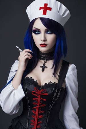  female nurse, a gothic-emo theme, she is characterized by her unique fashion sense,((white nurse uniform)),white nurse cap, deep purple and crimson accents,((syringe in her hand:1.5)), a lace-up corset at her side, and silver accessories with gothic motifs such as crosses.
Her hair is asymmetrically layered and dyed in shades of dark purple and jet black with bright streaks of electric blue and blood red, dark eyeliner and dramatic eye makeup,dal