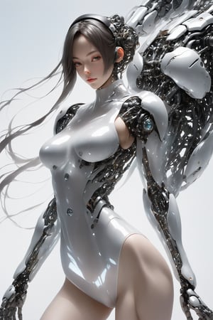 robot Girl,human girl face,Giant  arm, adorned with (transparent body parts), revealing the intricate machinery inside, giant robotic weapon, smooth and angular design despite transparent parts, pulsating energy and intricate circuitry visible through transparent body parts.,robot, mechanical arms,Glass Elements,Anime girl,YuukiTeitoStyle