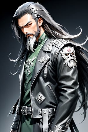 anime style,Guan Yu, (very long beard:1.5),(very long beard:1.5),
Legendary General Guan Yu, punk rock fashion, modern interpretation, bold and rebellious style, leather jacket with a contemporary edge, clad in leather and studs,ct-niji2