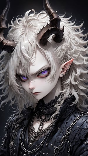 japanese anime,(masterful), albino demon boy ,(long intricate horns:1.2),Intricate Iris Details, dressed in a captivating blend of Baroque and punk fashion styles, Her attire features ornate Baroque-inspired garments with intricate lace, ruffles and embellishments, reminiscent of royalty from the Baroque era,However the traditional elements are juxtaposed with edgy punk accents, such as leather straps, spikes, and chains, adding a rebellious and modern twist to her ensemble,cic. ,dal