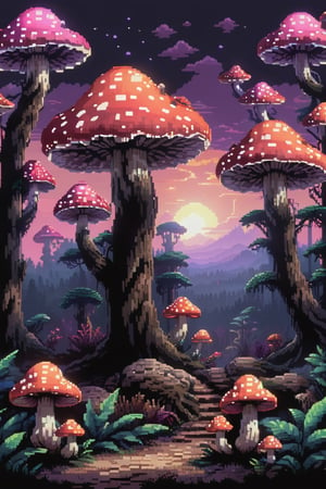 pixel art,
environment), (beautiful scenery), ((mushroom forest)),large mushrooms Forest, 
mysterious light,dark theme,
(detailed mushrooms), (red sky), bright sky, outdoor, giant mushrooms, gigantic mushrooms, tall mushrooms, colorful mushrooms, , skull_graphics