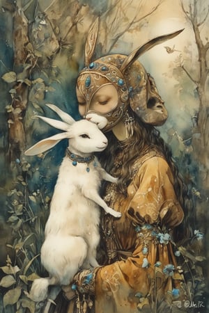 fairy tale illustrations,Simple minimum art, 
myths of another world,
pagan style graffiti art, aesthetic, sepia, ancient Russia,(holy bard),
A female shaman,(wearing a rabbit-faced mask),nodf_xl, in the style of esao andrews,rabbit kissing sheep,
watercolor \(medium\),jewel pet