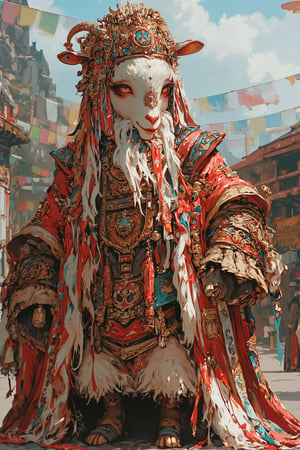 Majestic long-haired goat, adorned in opulent Tibetan wedding attire, Lustrous white coat cascading to the ground, meticulously groomed and adorned with intricate braids and golden threads woven throughout,

Headpiece: Elaborate gold and red crown featuring turquoise and coral inlays. Long silk ribbons in vibrant hues flow from the crown, intertwining with the goat's silky fur,
Facial features: Striking amber eyes, decorated with kohl-like patterns. Beard adorned with small golden bells and colorful beads,
Body attire: Rich red silk chuba (traditional Tibetan robe) embroidered with golden dragons and auspicious symbols. Wide sleeves trimmed with fur and adorned with intricate brocade patterns,
Accessories: Multiple strands of coral and turquoise necklaces drape the neck. Gold-plated hooves. Ceremonial scarf (khata) in white silk draped across the back,
Background: Misty Himalayan peaks, prayer flags fluttering in the breeze. Ornate temple architecture visible in the distance,
Lighting: Soft, golden sunlight highlighting the goat's regal bearing and the rich textures of the costume,
Overall impression: A surreal blend of animal grace and human cultural richness, embodying Tibetan wedding traditions in a whimsical, elegant manner.,furry