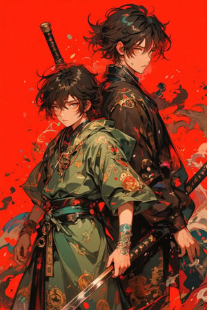 Anime-style digital illustration of two Japanese boys in a dynamic pose. Vibrant red background with splatters and colorful dots. Foreground boy: younger, determined expression, brown eyes, short messy hair. Wearing green kimono-style top, holding a curved sword. Background boy: older, serious expression, dark green hair partially covering one eye. Dark clothing, protective stance behind younger boy. Art style: mix of traditional Japanese art and modern anime. Color palette: deep reds, earthy greens, warm browns, splashes of blue and purple. Lighting: dramatic, creating contrast between figures and background. Texture: watercolor-like effects, visible brush strokes. Composition: figures slightly off-center, dynamic diagonal arrangement. Mood: intense, action-oriented. Details: floating colorful dots, hair strands moving as if in wind, fabric folds in clothing. Overall impression: beautiful, ethereal yet powerful scene with two warrior-like boys.