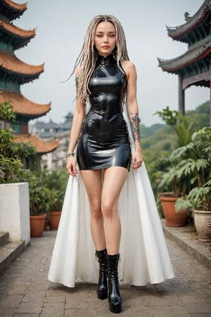 1Girl,French woman in latex china dress, The pure white dress combines traditional elements,modern design and glossy glamour, very long dreadlocks, intricate tattoos, mysterious and powerful, high-heeled long boots,aesthetic,minichinadress,wearing a latexskirt,ohwx woman,ao dai